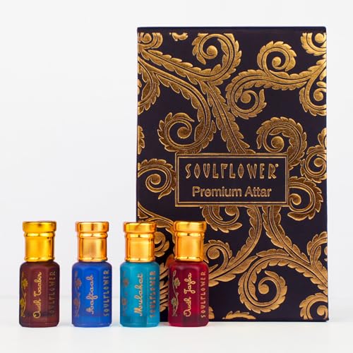 Soulflower Premium Attar Set Alcohol Free luxury Perfume Roll On Gift Hamper for Men & Women, Combination of Fragrance Oudh, Musky, Woody, Floral, Amber, Fresh & Spicy, Set of 4 (5ml Each)