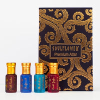Soulflower Premium Attar Set Alcohol Free luxury Perfume Roll On Gift Hamper for Men & Women, Combination of Fragrance Oudh, Musky, Woody, Floral, Amber, Fresh & Spicy, Set of 4 (5ml Each)