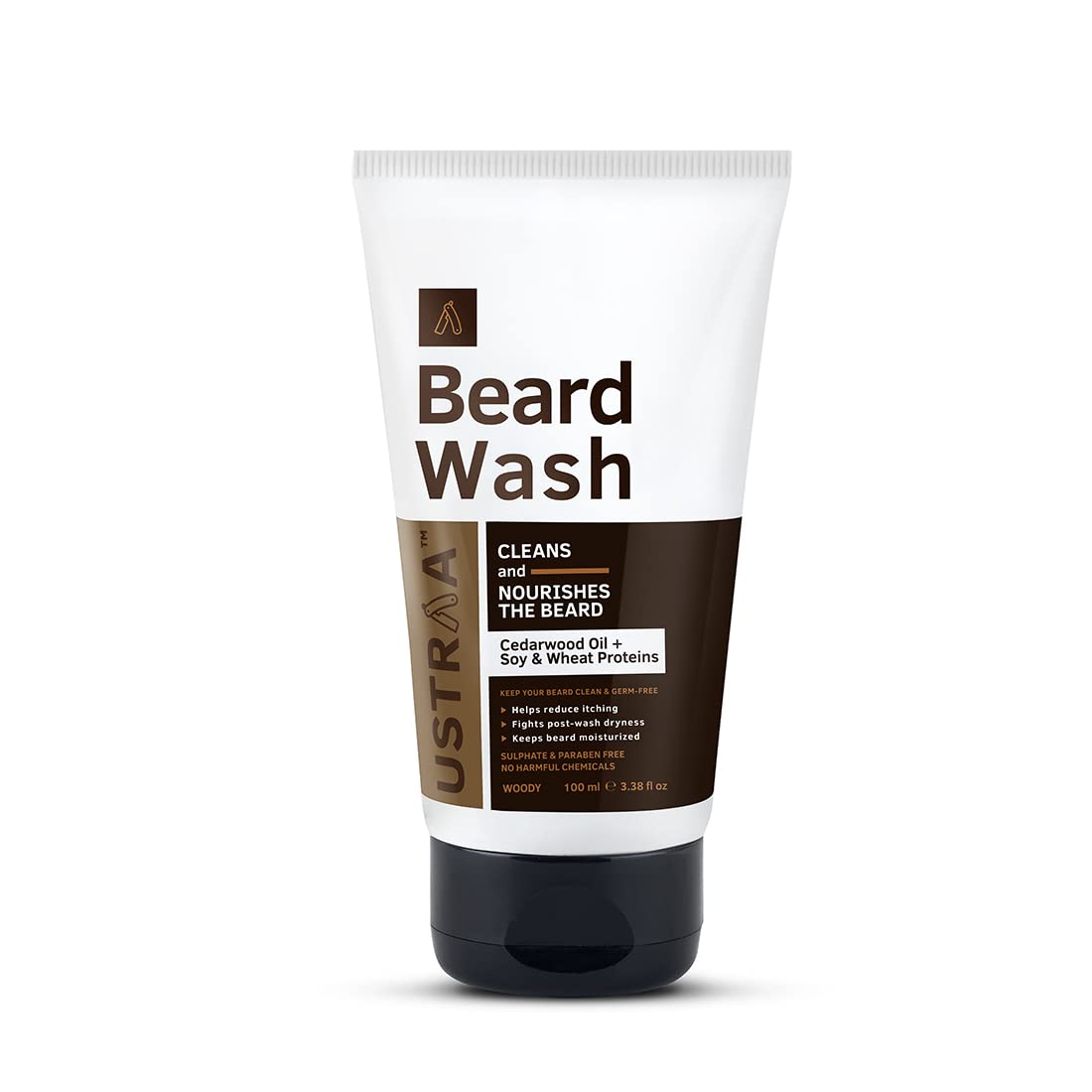 Ustraa Beard Wash Woody - 2 x100 ml - Sulphate-free Beard Wash | Thick Foam, No Post-wash Dryness, Cleansed & Smooth Beard | Beard Shampoo for Germ-Free Beard (Set of 2)