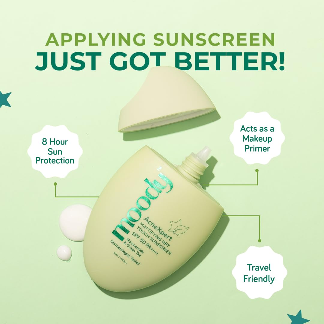 Moody AcneXpert Ultra Matte Dry Touch Sunscreen Gel with Niacinamide & Green Tea for All Skin Types | Water & Sweat Resistant with SPF 50 PA++++ | No White Cast, Non-greasy & Non-comedogenic-50ML