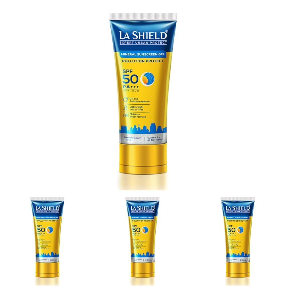 La Shield Pollution Protect SPF 50 Mineral Sunscreen Gel | PA+++ | Lightweight & Oil free | Moisture boost formula | Water resistant| All Skin types |Dermatologist Tested | 50g (Pack of 4)