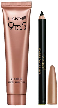 Lakmé 9 to 5 Weightless Mousse Foundation Mini, Beige Vanilla, Natural Matte Finish Cream Foundation - Long Lasting Full Coverage Face Makeup, 6g & Eyebrow Pencil, Black, 1.2g