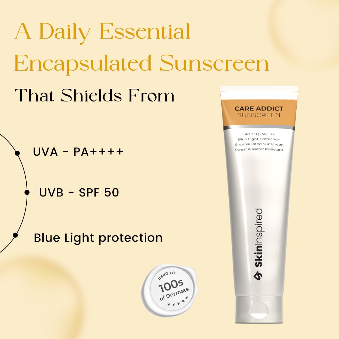 SkinInspired Care Addict Encapsulated Sunscreen SPF 50 For Dry Skin With Pa++++ | Broad Spectrum UV A, UV B & Blue Light Protection | Contains Ceramides & Hyaluronic Acid | No White Cast | For All Skin Type | 150G