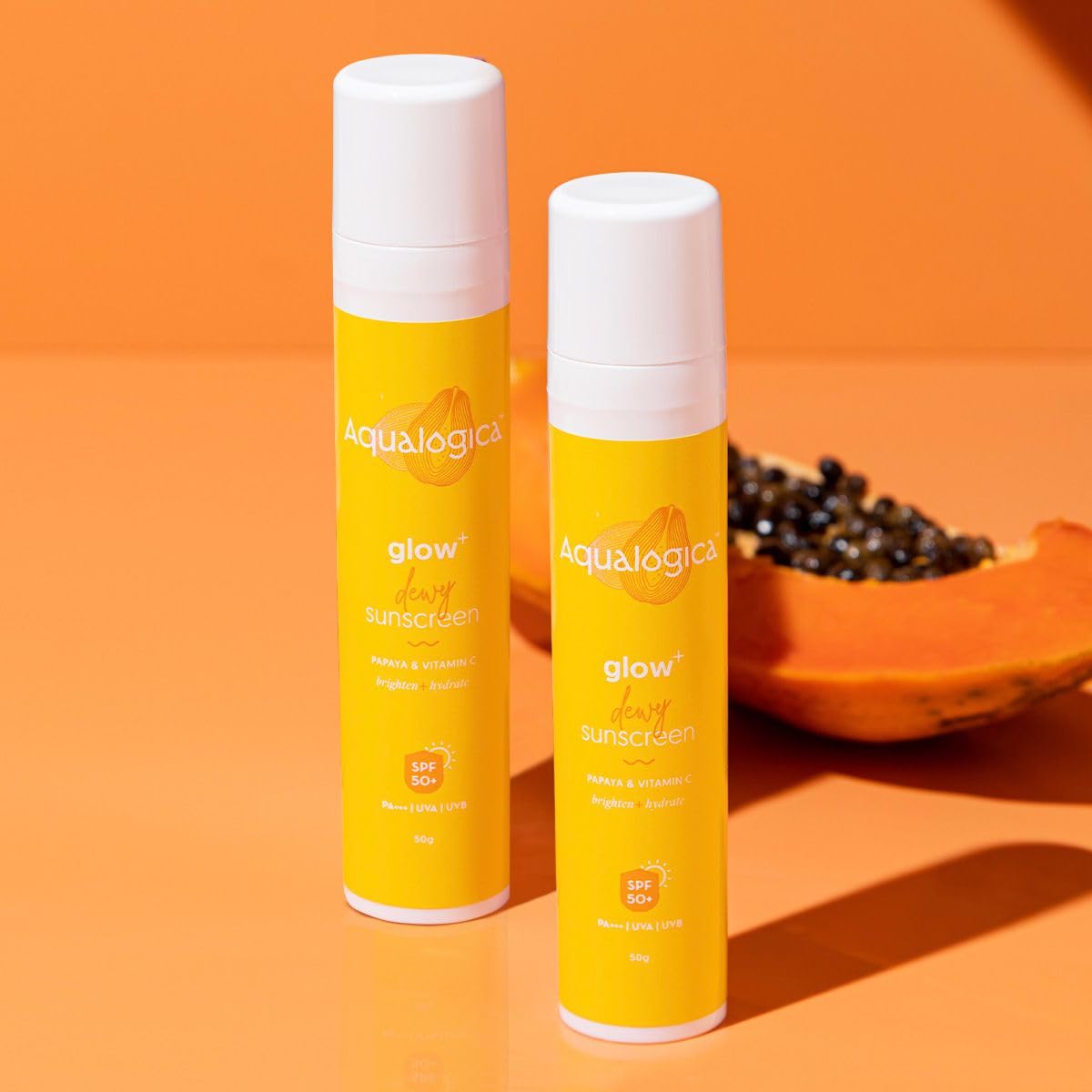 Aqualogica Glow+ Dewy Sunscreen SPF 50 PA++++ with Papaya & Vitamin C | For Oily, Combination & Dry Skin Type | UVA/B & Blue Light Protection | Fragrance-Free | For Men & Women | 50g x 2