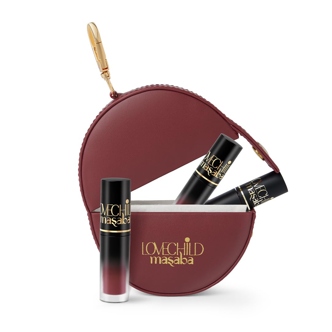 LoveChild Masaba Pocket Liquid Lipstick, Pack of 3 Transfer-Proof, Hydrating Matte Shades with Free Pouch, Hyaluronic Acid, Jojoba Oil & Vitamin E for Long-Lasting, Nourished Lips, Combo 5, 5.4ml