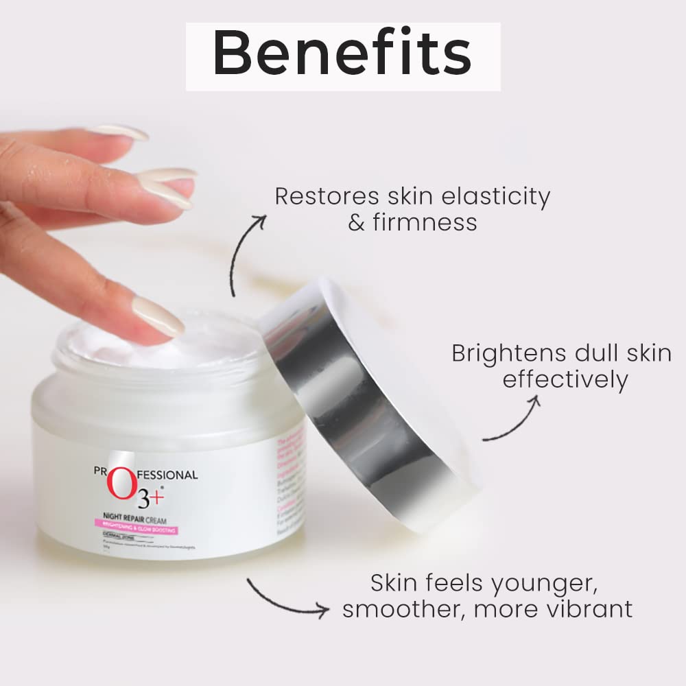 O3+ Night Repair Cream, 50g + O3+ Brightening and Whitening Face Wash with Cucumber and Aloe Vera Extracts, 50g