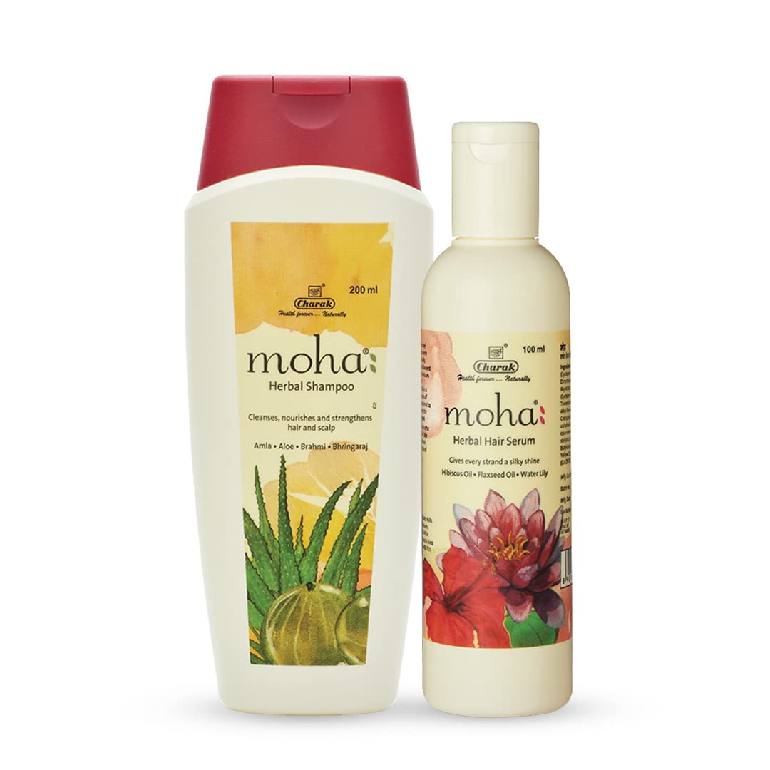 moha: Herbal Hair Shampoo | Mild Shampoo For All Hair Types 200 ml And Herbal Hair Serum For Men & Women 100 Ml | Non Sticky Hair Serum For Silky & Smooth Hair (Shampoo and Hair Serum Combo)