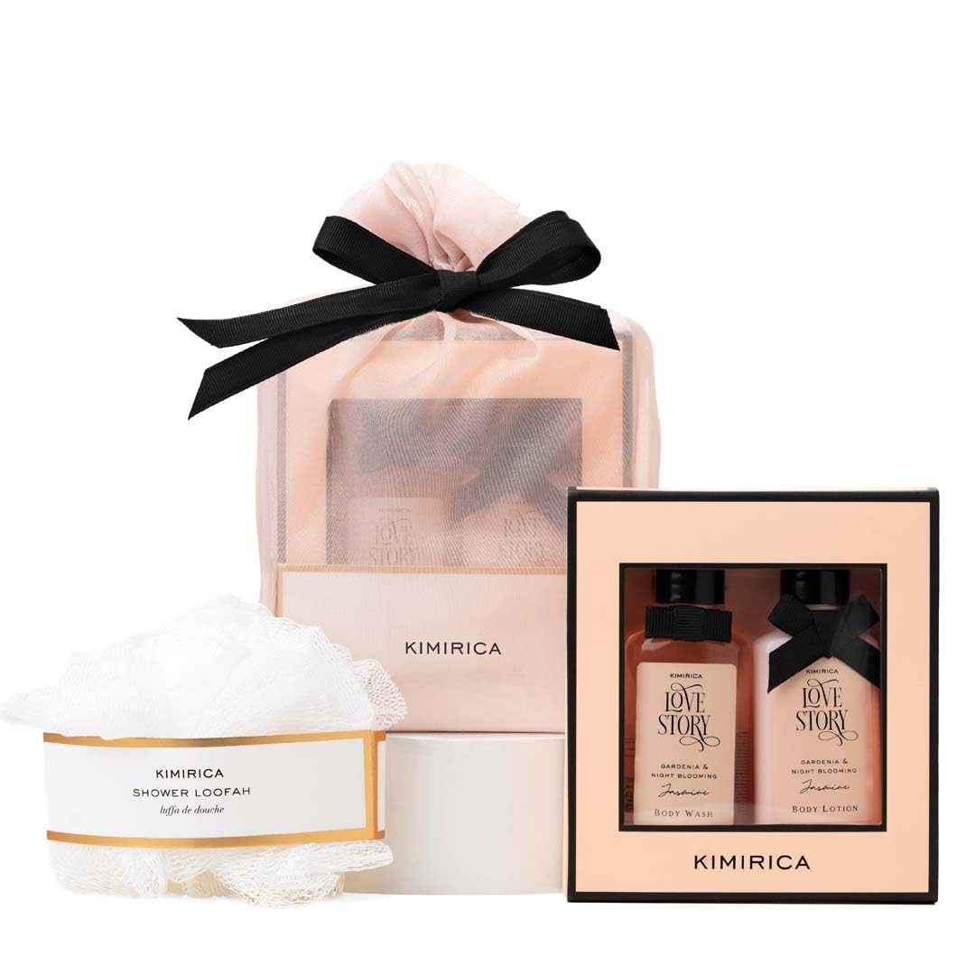 Kimirica "Nothing But Love Duo" Potli Gift Set for Family, Friends, Men & Women | Fragnance of Gardenia and Night Blooming Jasmine | Perfec Anniversary, Birthday & Return gift set | Contains Shower gel, Body Lotion, Loofah and Reusable Potli