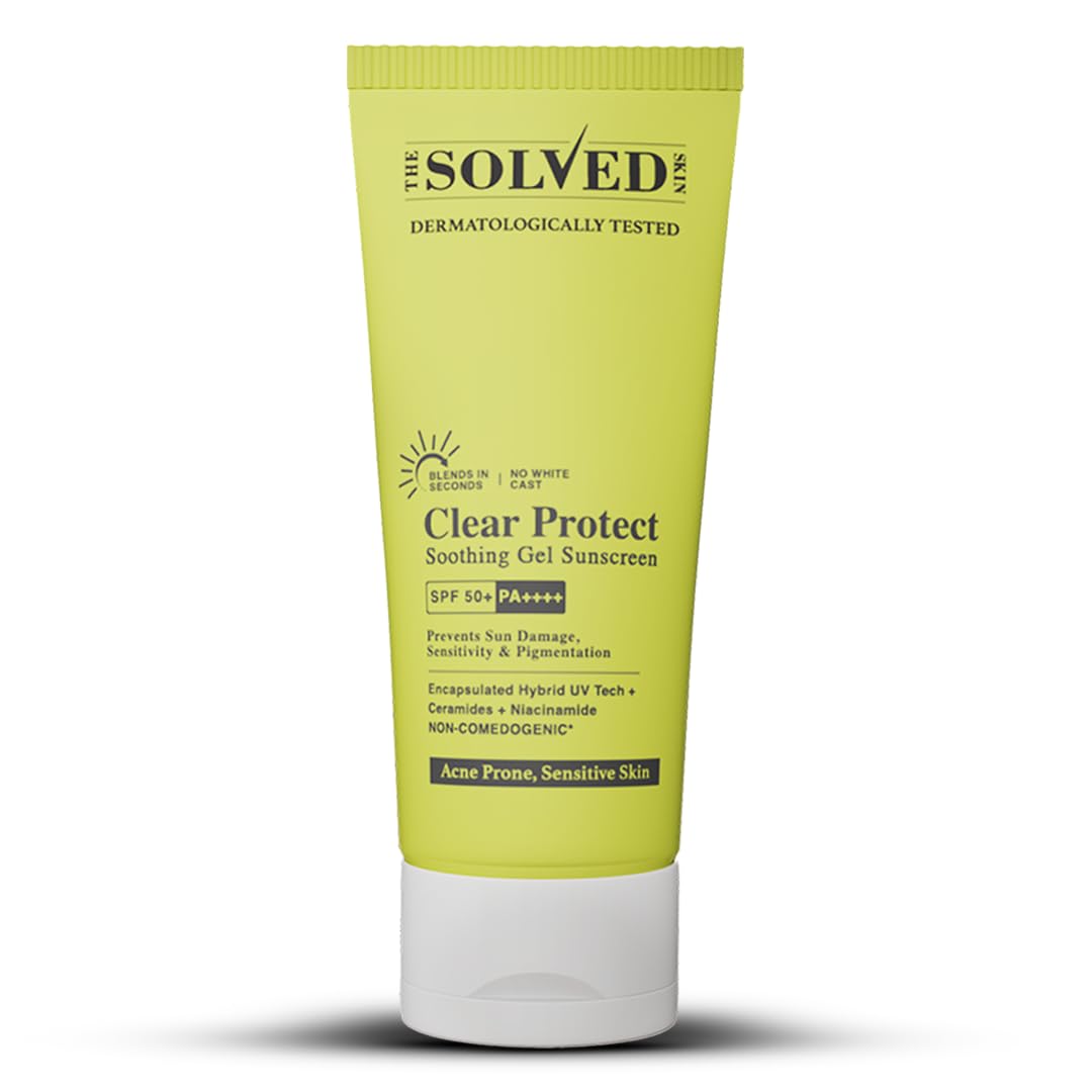 THE SOLVED SKIN Clear Protect SPF 50+ PA++++ Sunscreen for Acne Prone Skin with Advanced Encapsulated UV Tech |Oily Sensitive Skin | Ultra-Light Cooling Gel | No White Cast Broad Spectrum UVA/UVB 50ml