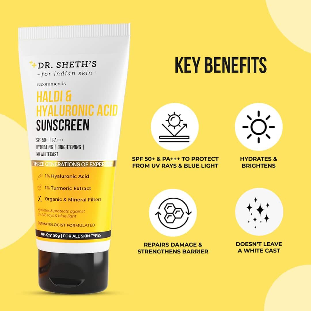Dr. Sheth's Haldi & Hyaluronic Acid Sunscreen with 1% Hyaluronic Acid | Spf 50+ Pa+++ | Protects Against UVA/B & Blue Light | Hydrating & Brightening | For Men & Women | For All Skin Type | 50 g