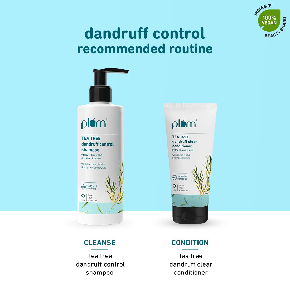 Plum Tea Tree Dandruff Control Shampoo I With Tea Tree Oil,Propanediol Caprylate&Willow Bark Extracts I For All Hair Types Dandruff Control|Sulphate Free|Paraben- Free I 100% Vegan|250 Ml,2 Count