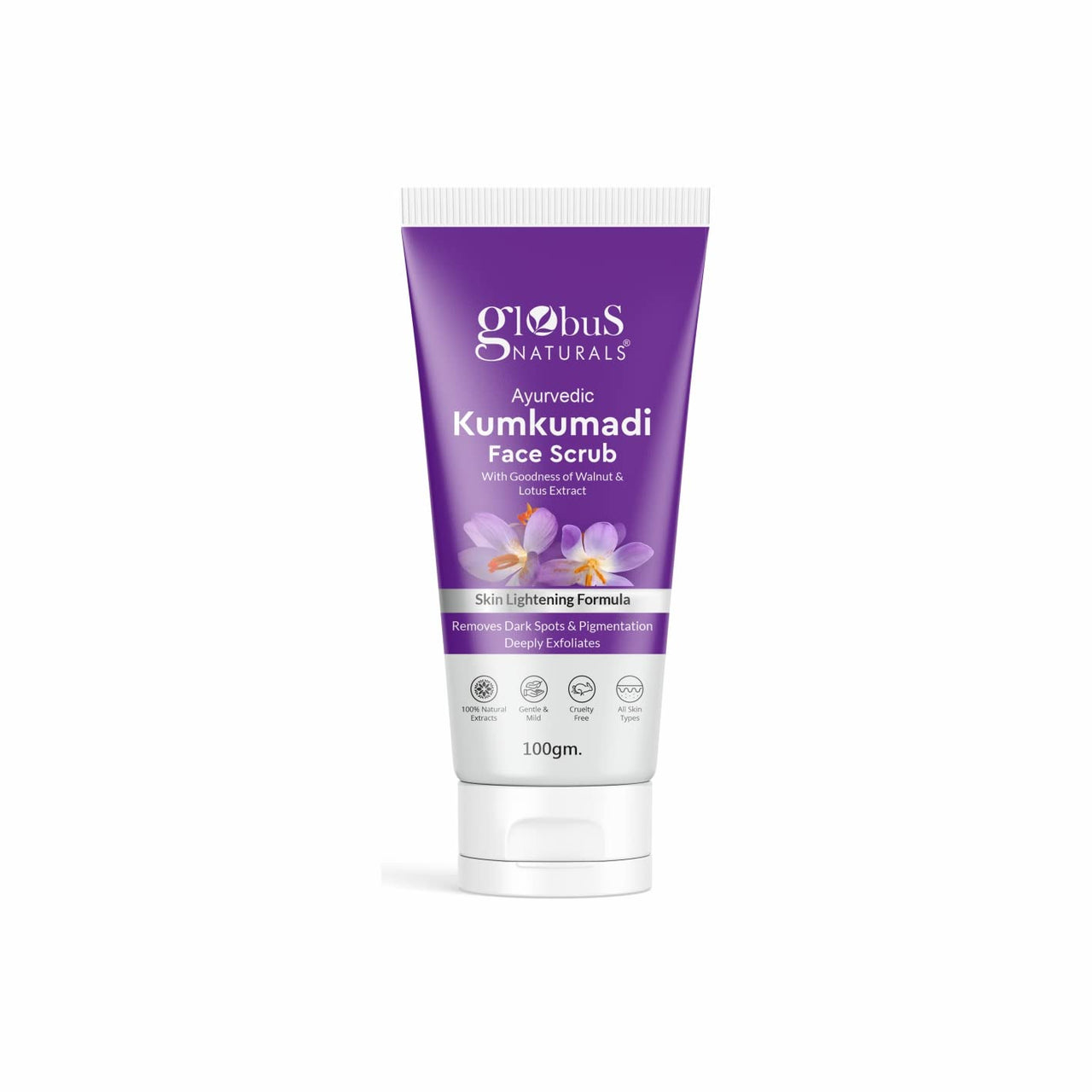 Globus Naturals Ayurvedic Kumkumadi Skin Lightening Face Scrub, Enriched with Walnut & Lotus Extract, Chemical Free, Cruelty Free, Suitable For All Skin Types, 100 ml, Pack Of 1