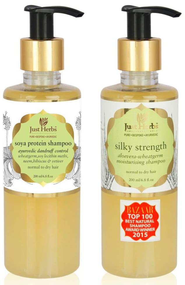Just Herbs Silky Strength Aloevera Wheatgerm Moisturizing Shampoo for Dry and Brittle Hair-200 ML & Ayurvedic Anti-Dandruff Soya Protein Herbal Shampoo, For Men & Women, Chemical Free - 200 ML