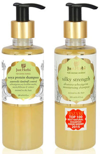 Just Herbs Silky Strength Aloevera Wheatgerm Moisturizing Shampoo for Dry and Brittle Hair-200 ML & Ayurvedic Anti-Dandruff Soya Protein Herbal Shampoo, For Men & Women, Chemical Free - 200 ML
