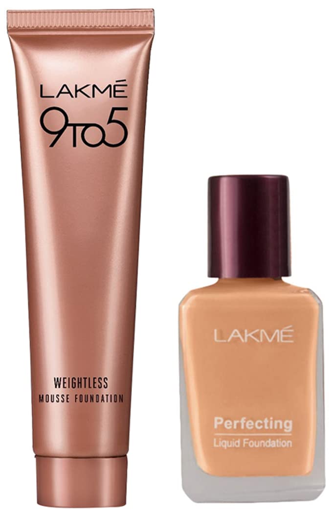 Lakmé 9 To 5 Weightless Dewy Mousse Full coverage Foundation for All Skin Type Mini, Beige Vanilla & Lakmé Perfecting Liquid Foundation for All Skin Type