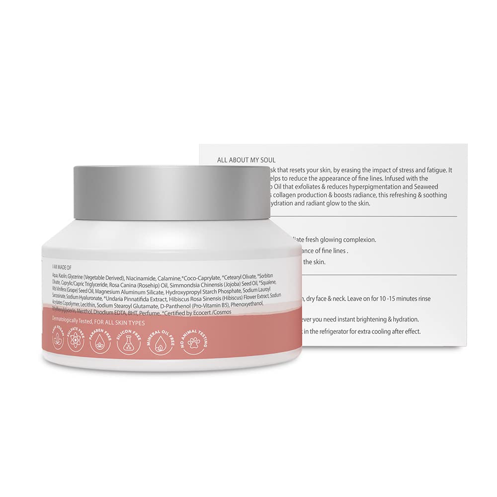 BE SOULFULL Hydrating Mask with Rosehip Oil, Seaweed Algae and Hyaluronic Acid- Brightening Mask for Dull Skin- Pore Control, Exfoliates, checks Hyperpigmentation, Slows Skin Aging- Antioxidant Clay Mask- 50gm