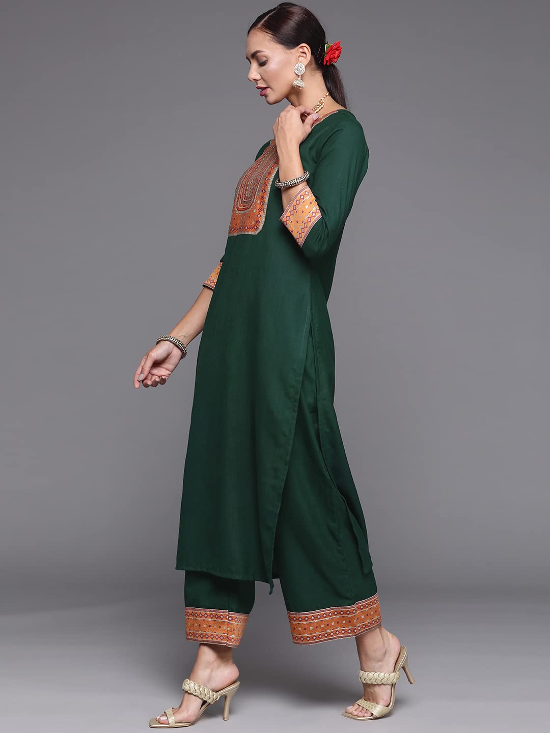 INDO ERA Women's  Solid Cotton Blend Straight Kurta Palazzo With Dupatta Set