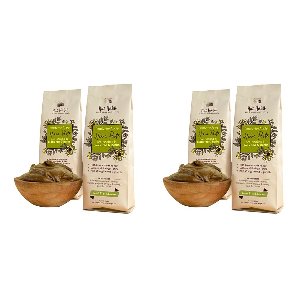 Nat Habit - Fresh Ready To Apply Henna Paste, Pre-Soaked in Black Tea and Herbs,100% Natural Rajasthani Henna, Imparts Rich Brown Shade (Pack of 4 x 220g)