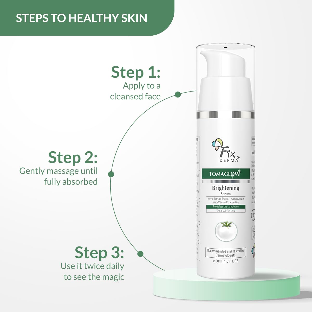Fixderma TomaGlow Skin Brightening Serum for Face with 4% Niacinamide, 2% Alpha Arbutin, Vitamin C & White Tomato Extract | Reduce Pigmentation & Dark Spots | Brightens the Skin | For Men & Women - 30ML