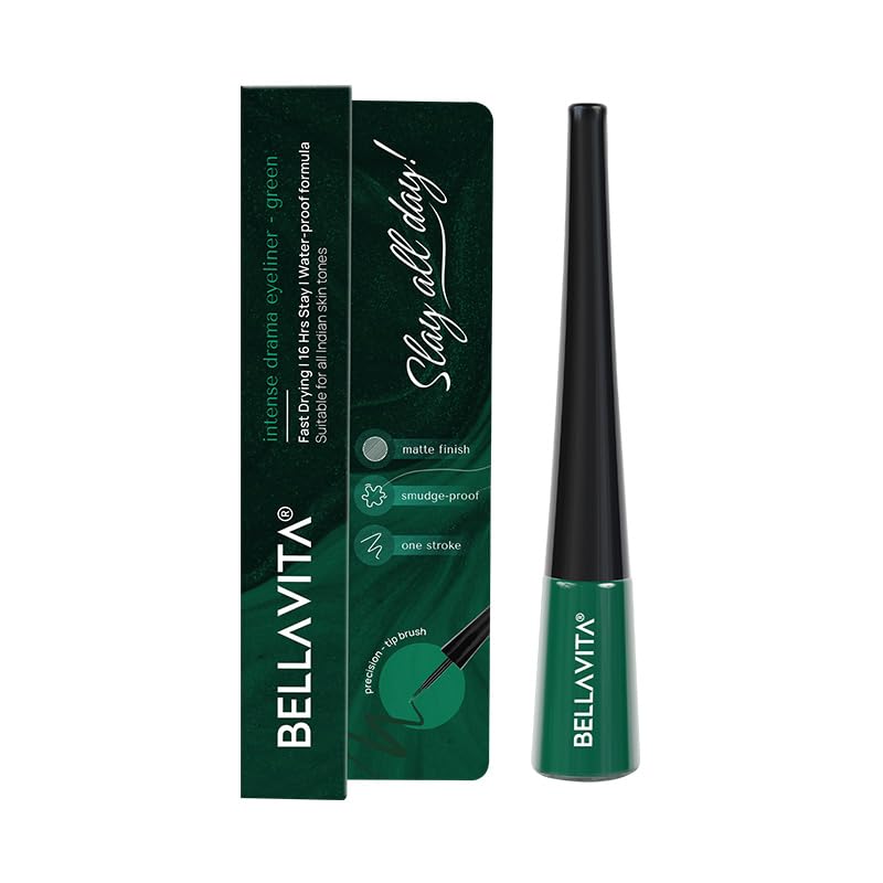 BELLAVITA Intense Drama Waterproof Eyeliner, Green, Matte Finish, Smudge-Proof, Fast-Drying, Felt Tip Applicator, Enriched with Biotin, 3.5 ml