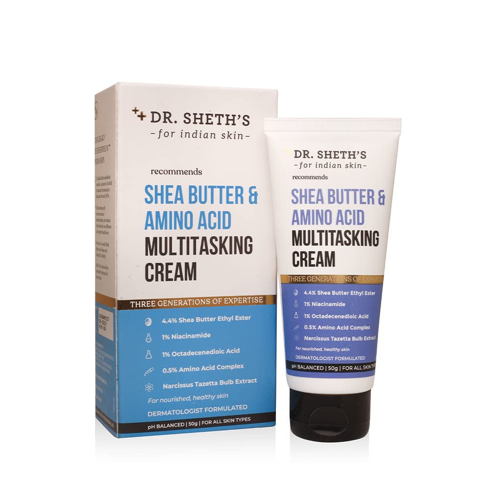Dr. Sheth's 4.4% Shea Butter & 0.5% Amino Acid Multitasking Face Cream (Vegan) with 1% Niacinamide, 1% Octadecenoic Acid and Narcissus Extract, for Dryness, Damaged Skin, For All Skin Types, 50g
