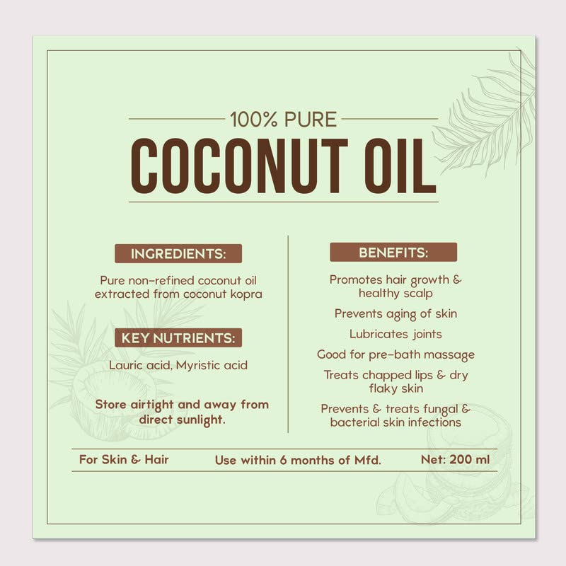 Nat Habit 100% Pure Coconut Oil For Skin & Hair, Non-Refined, LLP Free, Chemical Free & Preservative Free - 200 ml