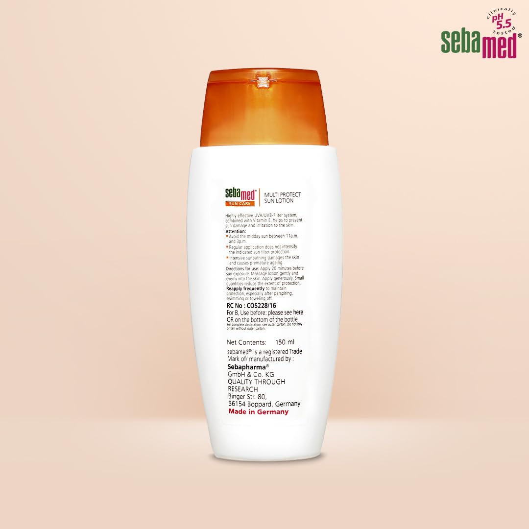 Sebamed Multi Protect Sun lotion SPF 50, 150 ml I UVA/UVB Protection filter I Water resistant sunscreen with pH 5.5 I Vitamin E I men & women I Suitable for children I Clinically tested.