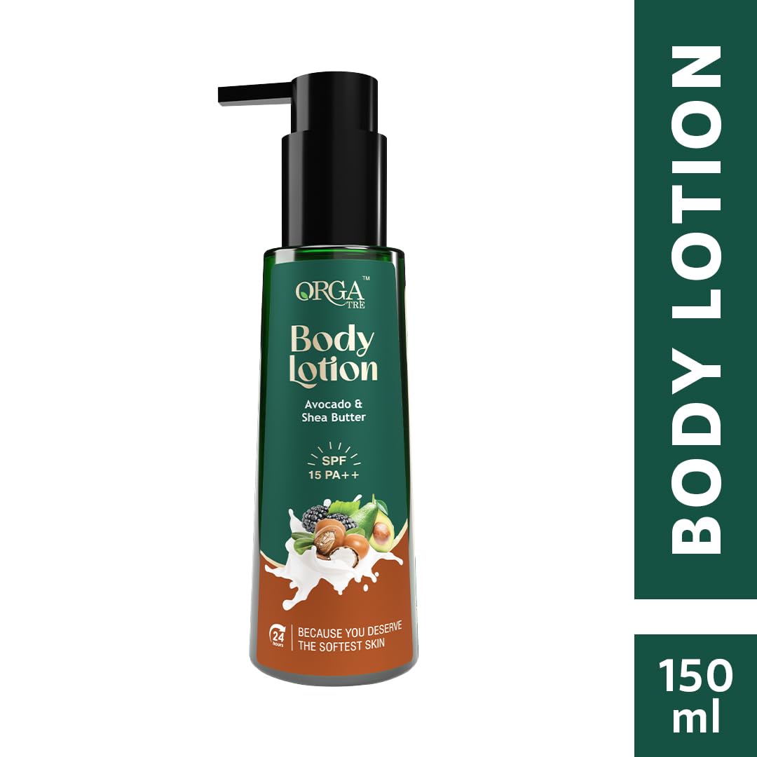 Orgatre Body Lotion | Avocado & Shea Butter with SPF 15 PA | Moisturizer for Dry Skin | Brightening & Sun Protection Body Cream 150 ml