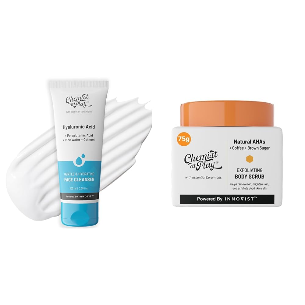 Chemist At Play Gentle & Hydrating Face Cleanser For All Skin Types | For Men & Women | Vegan | 100 ml Exfoliating Body Scrub For Removing Tan & Dead Skin Cells For Men & Women | 75g