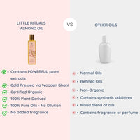 Little Rituals SWEET ALMOND (BADAM OIL) Baby Massage Oil and Hair oil, Cold Pressed and Certified ORGANIC with SWISS Plant Actives. Dermatologist Tested by Pediatrics, Mild & Gentle & Safe (100 ML)
