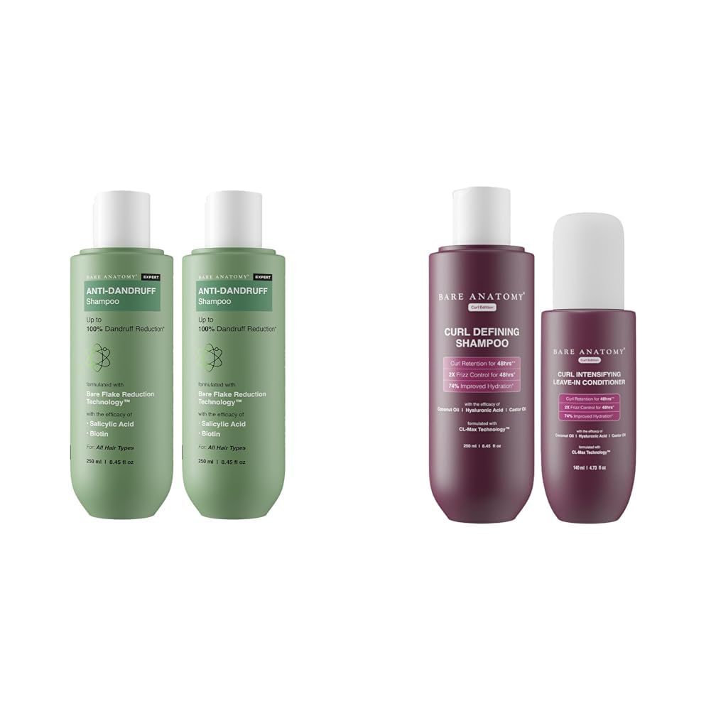 Bare Anatomy Anti Dandruff Shampoo All Hair Types | Women & Men | 250ml (Pack of 2) Curl Defining Shampoo + Curl Intensifying Leave In Conditioner Cream |Women & Men | 250 ml + 140ml