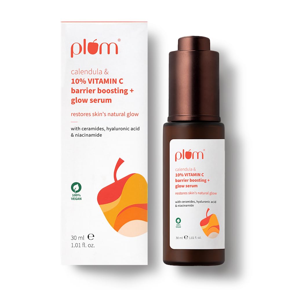 Plum Calendula & 10% Vitamin C Barrier Boosting + Glow Serum | Boosts glow | Ceramides strengthens skin barrier | Niacinamide fights pigmentation & dark spots | Non-irritant| Men & Women | For all skin types | 30ml