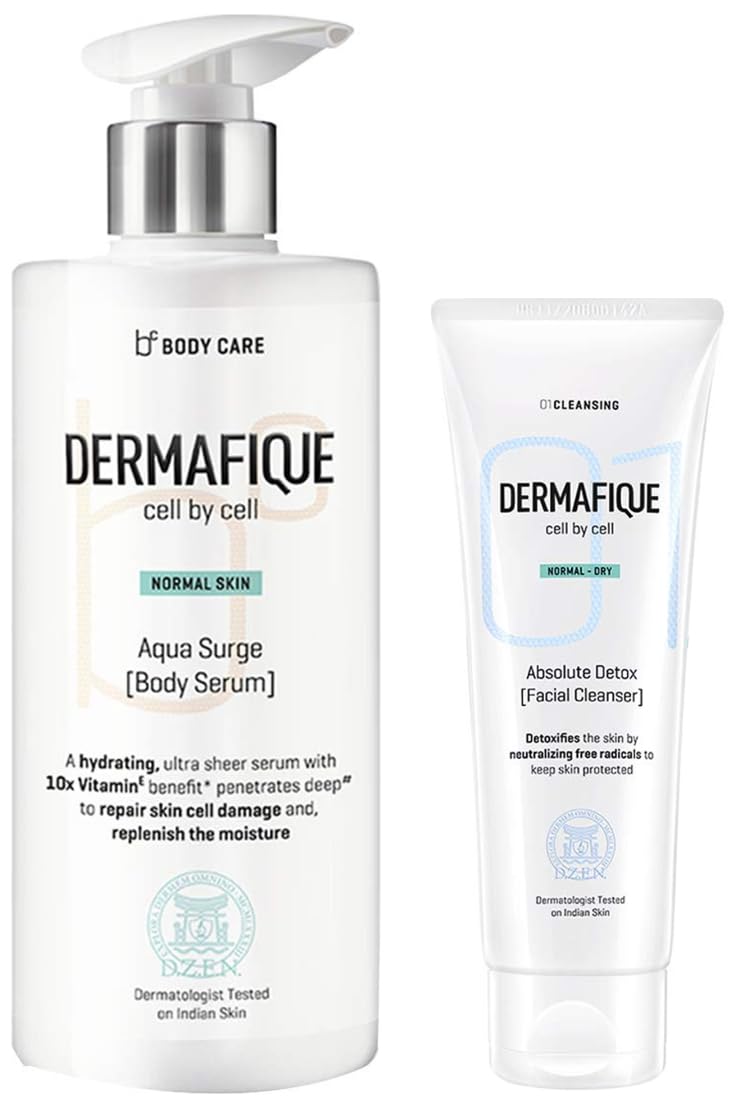 Dermafique Aquasurge Body Serum for Normal Skin, Dermatologist Tested (300ml) And Dermafique Absolute Detox Facial Cleanser for Normal To Dry Skin, Dermatologist Tested, Soap Free (100 ml)