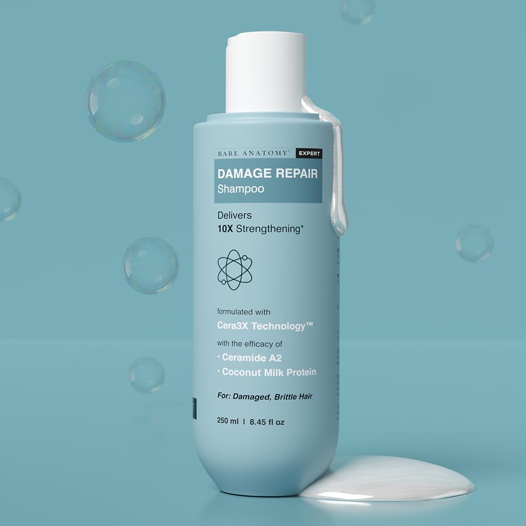 Bare Anatomy Damage Repair Hair Shampoo | Provides 10x Strengthening Powered By Ceramide A2 & Coconut Milk Protein | For Damaged, Dry & Frizzy Hair | Sulphate & Paraben Free | For Women & Men | 250ml