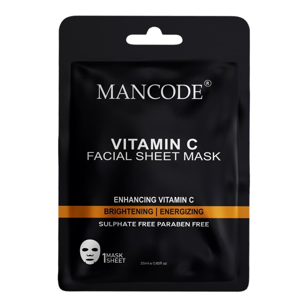 Mancode Vitamin C Facial Sheet Mask 25ml Enhancing Vitamin C Brightening Energizing Pore Reducing, Brightening and Enhances Daily Glow | Korean Sheet Mask for Men Women Sheet Mask Set Combo Pack of 3