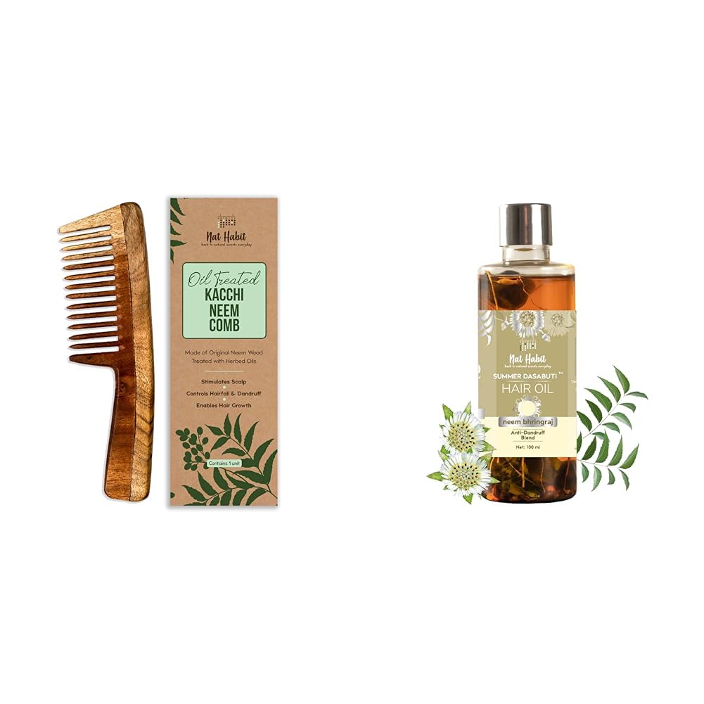 Nat Habit Wide Tooth Wooden Kacchi Neem Comb & Neem Bhringraj Dasabuti Hair Oil for Dry and Frizzy Hair, with Castor, Coconut & Amla - Combo Pack of 2
