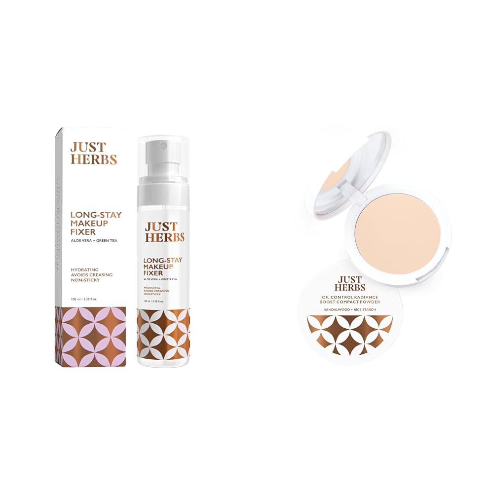 Just Herbs Long Stay Non Sticky Makeup Fixer & Just Herbs Oil Control Radiance Booster Age Defying Compact Powder for face Makeup 9g (Ivory) Combo