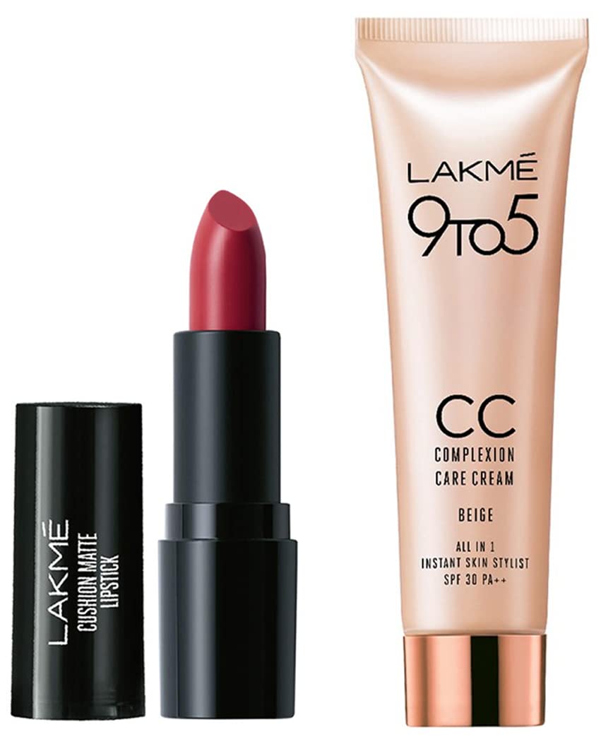 Lakmé Cushion Matte Lipstick, Red Wine, 4.5 g & Lakmé 9 to 5 CC Cream Mini, 01 - Beige, Light Face Makeup with Natural Coverage, SPF 30, 9 g