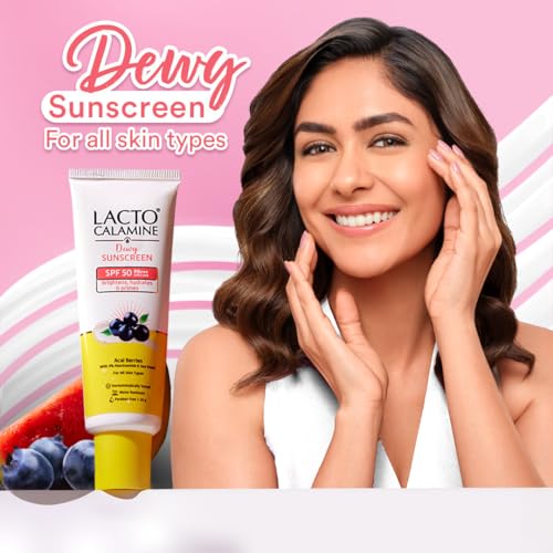 Lacto Calamine Dewy Sunscreen SPF 50 PA+++ | 50g | Water Resistant, No White Cast, UVA & UVB Protection | Sunscreen SPF50 + Primer | Acai Berries, Niacinamide & Watermelon | Dermatologically Tested