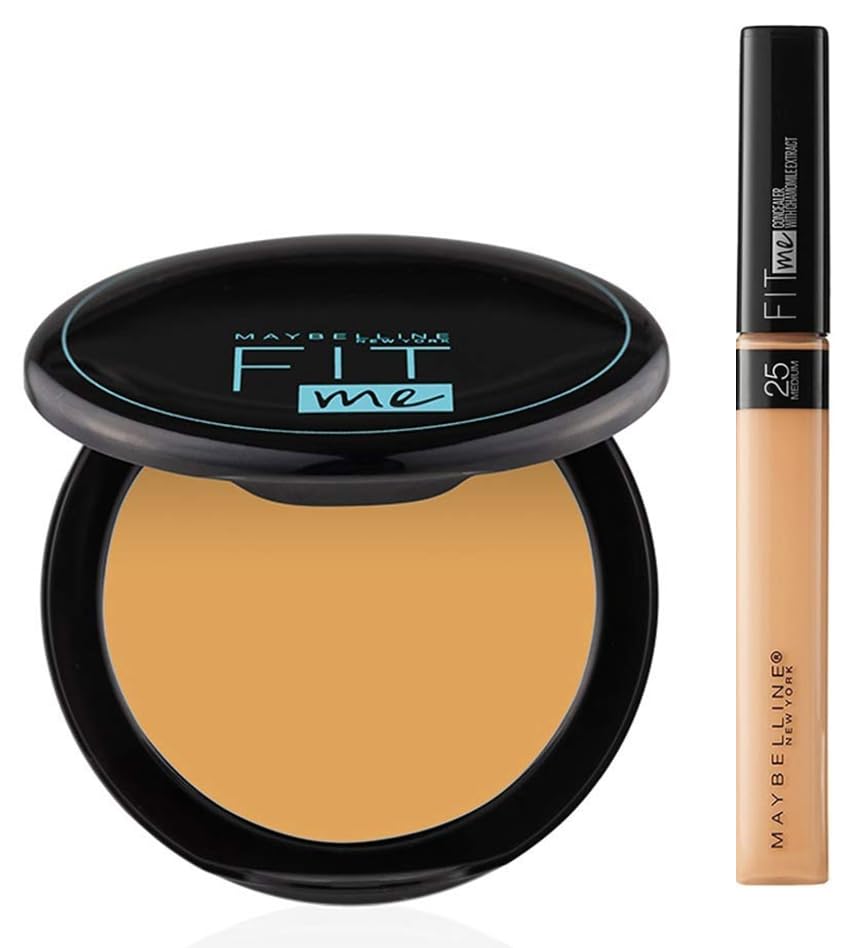 Maybelline New York Fit Me Liquid Concealer,25 Medium & New York Matte Compact Powder For All Skin Types,With Spf To Protect Skin From Sun,Absorbs Oil,Fit Me,230 Natural Buff,8G,Pack Of 1