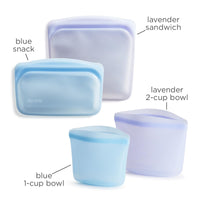 Stasher Reusable Silicone Storage Bag, Food Storage Container, Microwave and Dishwasher Safe, Leak-free, Bundle 4-Pack, Blue + Lavender