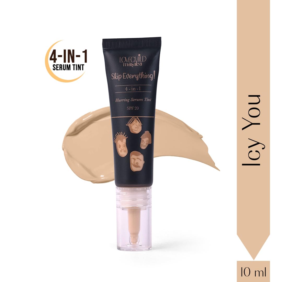 LoveChild Masaba Skip Everything 4-in-1 Skin Tint, Primer, Moisturizer, Sunscreen SPF 20 & Foundation, Blurring Serum Tint, Seamless Coverage & Natural Finish, Icy You (Ivory) 10ml