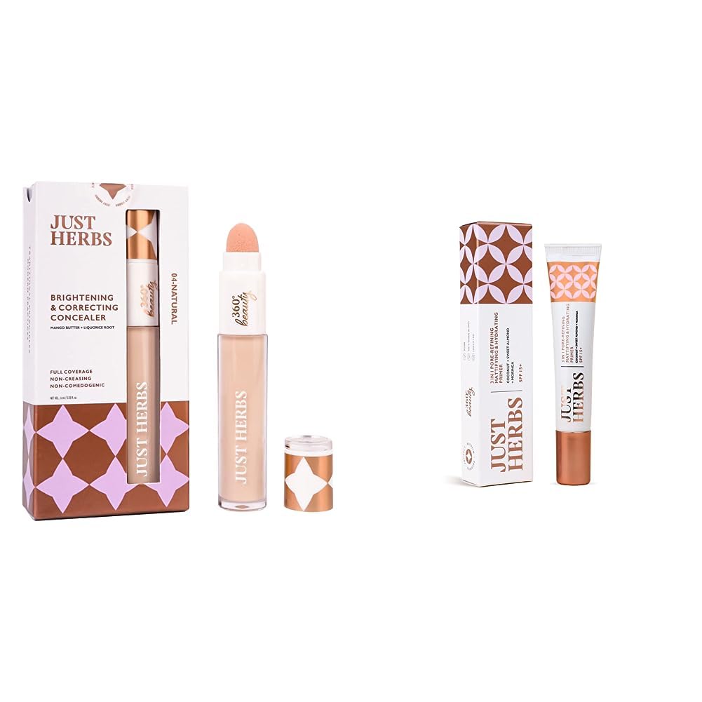 Just Herbs Concealer For Full Face Makeup Oil 6Ml (Natural) & 3 In 1 Pore-Refining,Minimizer Mattifying & Hydrating Primer 20G Combo,Acne Prone, 2 count