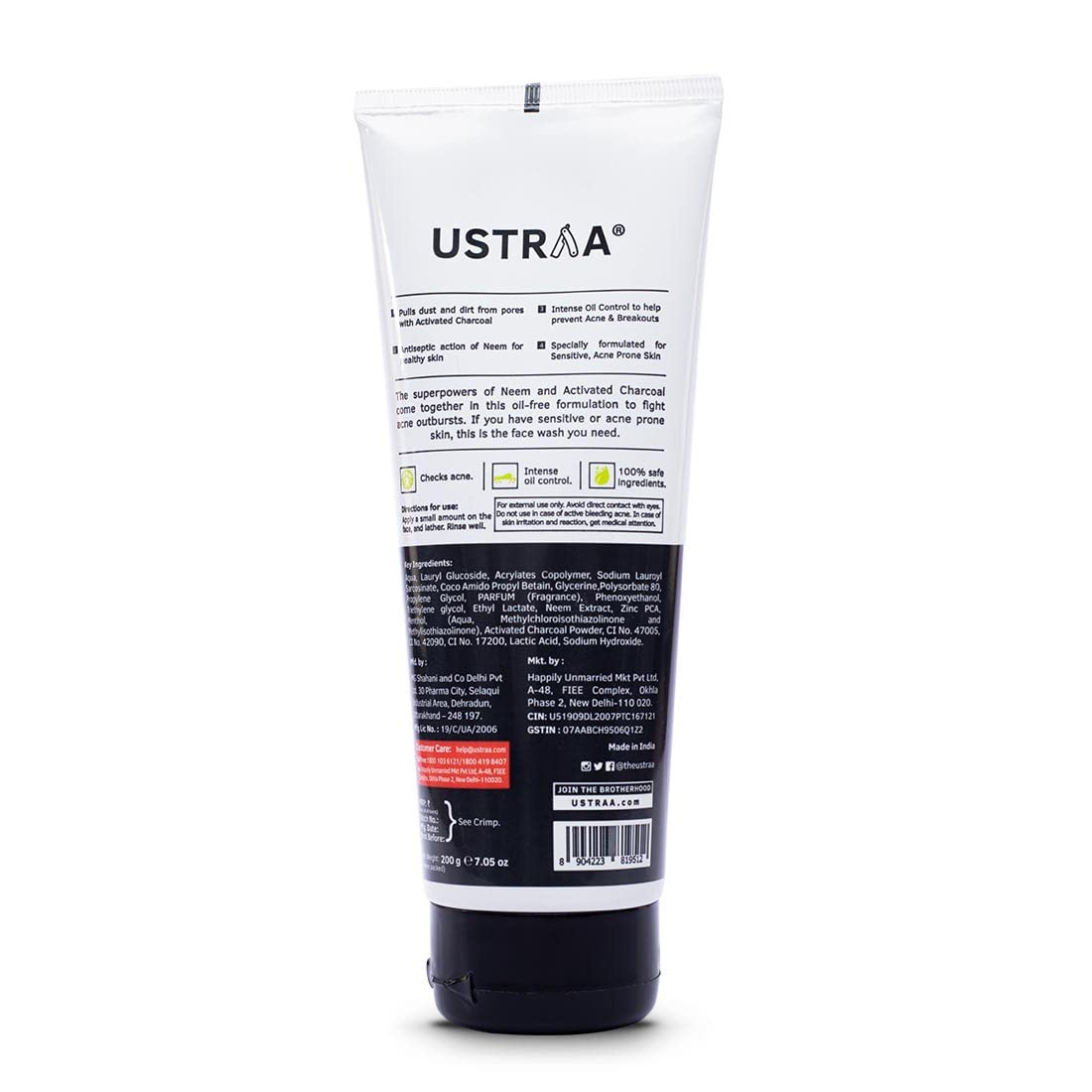 Ustraa Face Wash Acne Control - With Neem & Charcoal Face Wash - 200g - Oil Control, Prevents Acne, Especially for Oily Skin, No Sulphate, No Paraben, No Harmful Chemicals.