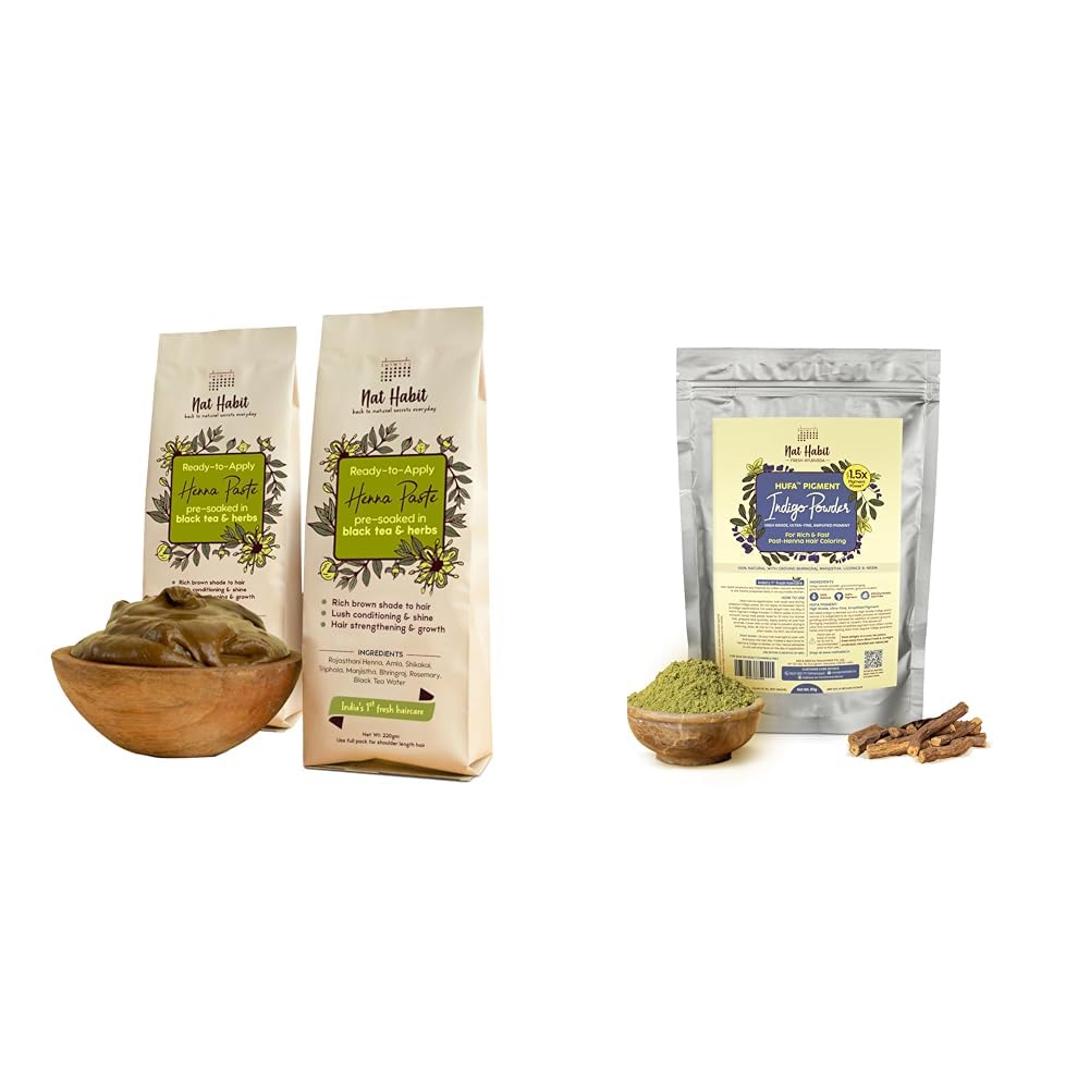 Nat Habit Ready-to-Apply Fresh Henna Paste and Indigo Powder Combo, Pre-Soaked in Black Tea and Herbs,100% Natural Rajasthani Henna & Indigo Powder For Natural Black Hair (440g + 85g)