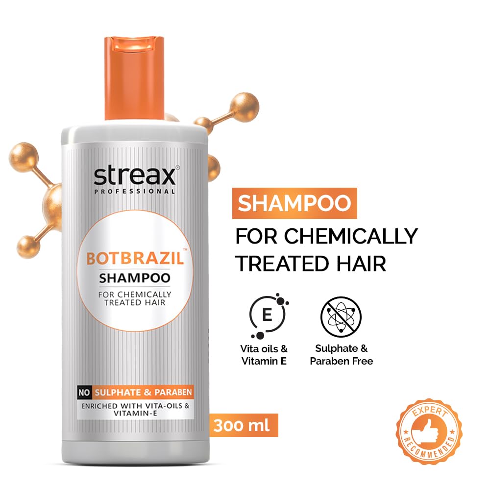 Streax Professional BotBrazil Shampoo,300 ml for Keratin, Botox, Nanoplasty, & Smoothening, Sulphate & Paraben-Free Shampoo for Women & Men, Enriched with Vita Oils Nourishes Chemically Treated Hair