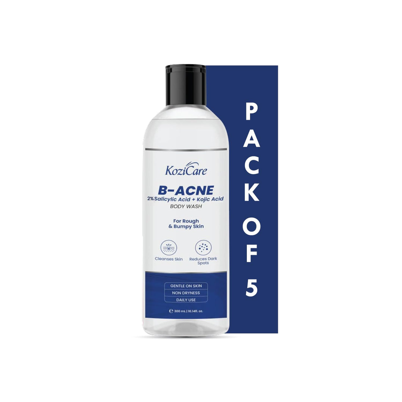 Kozicare Soap B-Acne Body Wash Gel | Kojic Acid Body Wash | Acne Shower Gel for Men & Women | Reduces Dark Spots, Cleanses Skin & Exfoliates Acne | Salicylic Acid Body Wash - 300 Ml (Pack of 5)