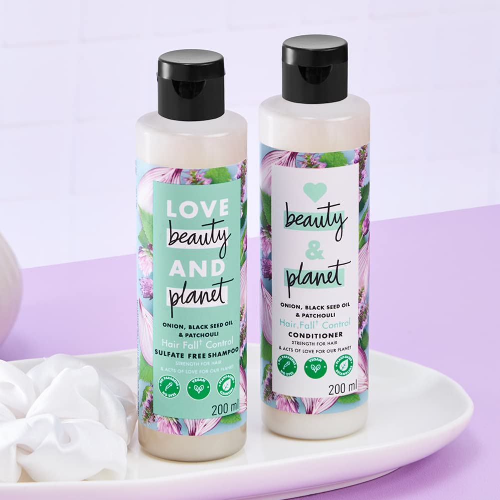 Love Beauty & Planet Onion oil, Blackseed oil & Patchouli Hairfall Control Shampoo & Conditioner, No Parabens, No dyes, Patchouli Essential Oil, 200 ml