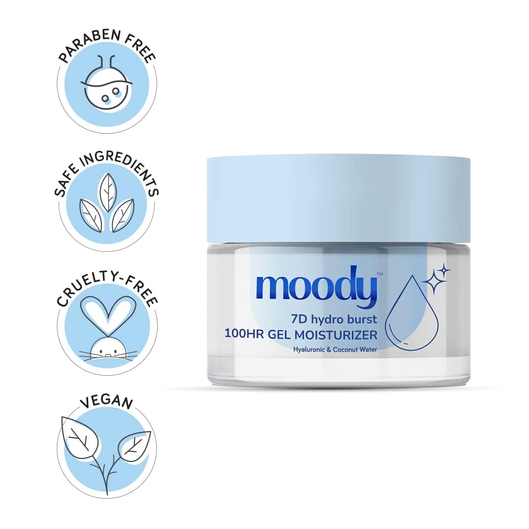 Moody 7D Hydro Burst Oil-Free Water Gel Face Moisturizer with Hyaluronic Acid, Ceramides & Peptides for 100HR Hydration | Skin Barrier Repair Cream For All Skin Types | Men & Women, 10ml