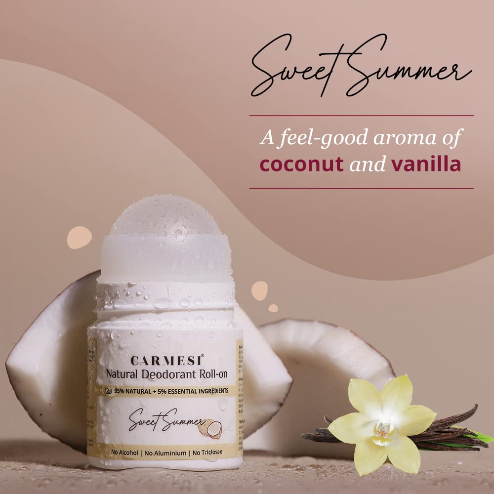 Carmesi Natural UnderArms Roll On Deodorant for Women | 95% Natural + 5% Essential Ingredients | For Fresh Underarms All Day | No Alcohol & Aluminium | Sweet Summer | 50 ml (Pack of 2)